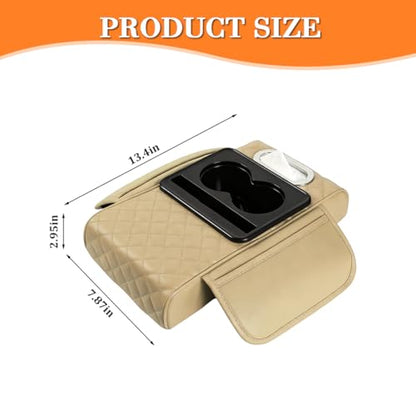 Car Armrest Cushion, 5-in-1 Nappa Leather Vehicle Centre Console Cover with 2 Storage Pockets, Cup Phone & Phone Holder, Multifunctional Auto Organiser Accessories, Universal Fit (Beige) - color: Beige