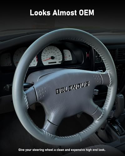 Belinous Leather Steering Wheel Cover Lace Up, Stitch on Steering Wheel Wrap, Universal Fit 13-20 Inch Car Truck Pickup Boat, A Whole Piece of Cowhide, DIY w/Needle Thread (Size L0, Gray) - color: Gray, size: L0