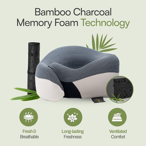 Neck Pillow for Traveling - Bamboo Charcoal Memory Foam with 360° Chin Support for Airplane, Soft & Breathable, Seamless Design, Removable Cover, Travel Accessories Included