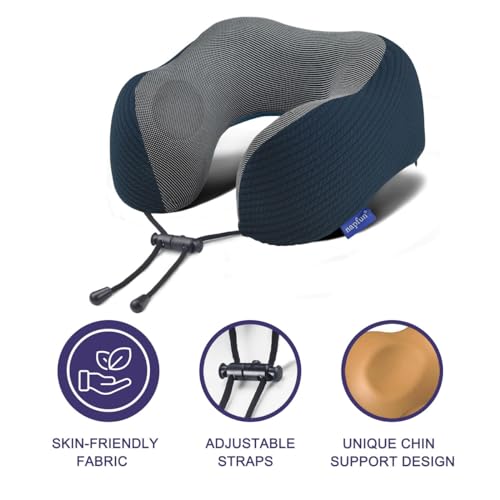 napfun Neck Pillow for Travel with Travel Pouch, Sleep Mask & Earplugs, Memory Foam Airplane Pillow for Headrest Sleep with Eyeshades, Plane Essentials with Eye Blindfold, Deep Blue Striped Kit - color: Deep Blue Striped Kit