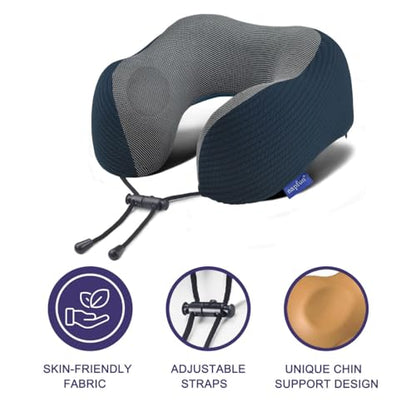 napfun Neck Pillow for Travel with Travel Pouch, Sleep Mask & Earplugs, Memory Foam Airplane Pillow for Headrest Sleep with Eyeshades, Plane Essentials with Eye Blindfold, Deep Blue Striped Kit - color: Deep Blue Striped Kit