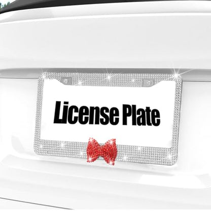 Bling Car License Plate Frame for Women, 2PCS Crystal Rhinestone Stainless Steel Vehicle Plate Holder, Glitter Diamond Sparkly Auto Plate Cover Accessories, Universal Fit (White/Red Bow) - color: White/Red Bow