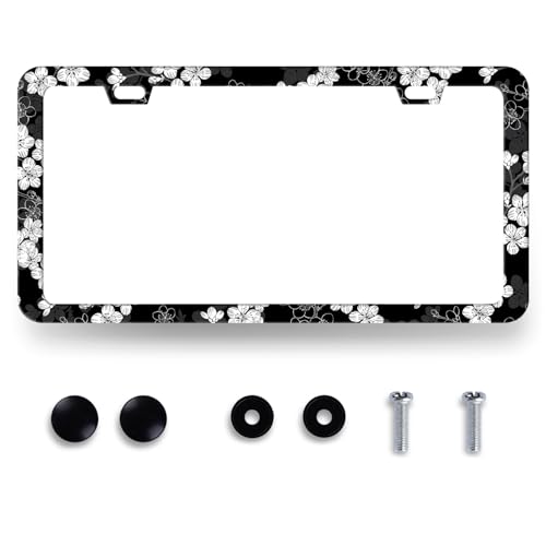 Black White Flowers License Plate Frame Cherry Blossom License Plate Holder for Front and Rear Car Tags Stainless Steel Funny License Plate Car Decoration with Screws 12.2" x 6.2" - color: Black White Flowers