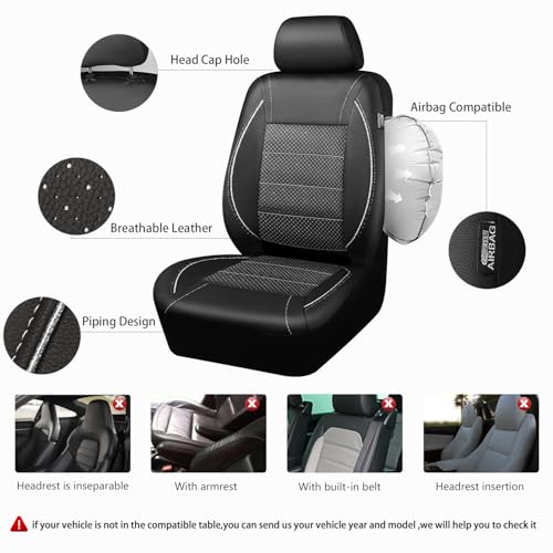 CAR PASS Piping PU Leather Car Seat Cover Full Set, Inside Zipper Design and Reserved Opening Holes, Airbag Compatible,Universal FIT for Car, SUVs,Van,Trucks（Full Set, Black & Silver - color: Black and Sliver
