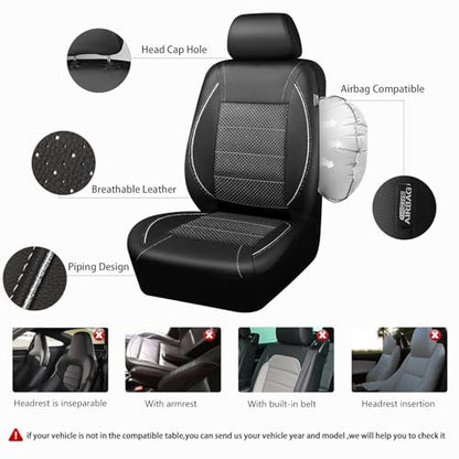 CAR PASS Piping PU Leather Car Seat Cover Full Set, Inside Zipper Design and Reserved Opening Holes, Airbag Compatible,Universal FIT for Car, SUVs,Van,Trucks（Full Set, Black & Silver - color: Black and Sliver
