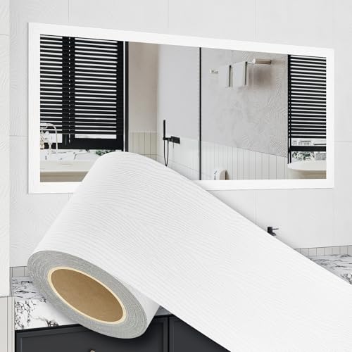 Peel and Stick Wallpaper Borders 390” x 2.36” Self Adhesive Mirror Frame Border Wood Grain DIY for Kitchen Bathroom Mirror Removal Border Sticker Wall Decor Cover 6.4 Sq.Ft, White Wood - color: White Wood, size: 2.4" x 390"