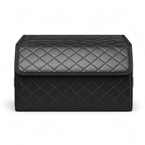 Leather Trunk Organizer for SUV & Sedans - Extra Large Foldable Car Storage Box with Lid, Adjustable Removable Dividers and Carry Handle, Collapsible Auto Cargo Organizer Black
