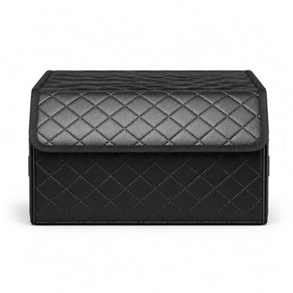 Leather Trunk Organizer for SUV & Sedans - Extra Large Foldable Car Storage Box with Lid, Adjustable Removable Dividers and Carry Handle, Collapsible Auto Cargo Organizer Black