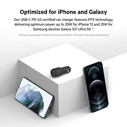 Belkin 37W Dual Port Fast Car Charger with 3.3ft USB-C Cable Included, USB-C 25W PPS Port and USB-A 12W Port for Galaxy S23, S23+, Ultra, Note20, iPhone 14, 13, 12, 11, Pro, Max, Mini and More - style: Dual USB-A & C 37W + USB-C Cable