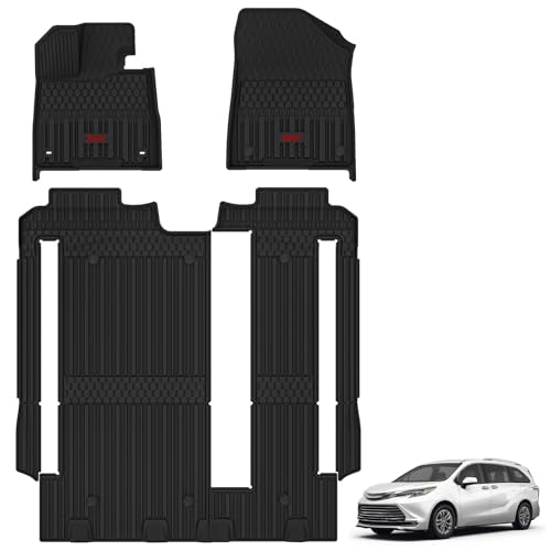 3W Floor Mats for Toyota Sienna 2021-2026 LE/XLE (Only for 8 Seat), TPE All Weather Custom Fit Floor Liner for Sienna Accessories 1st, 2nd and 3rd Row with Red Accent - size: 1. Toyota Sienna 8 Seat|Floor Mats Red Accent