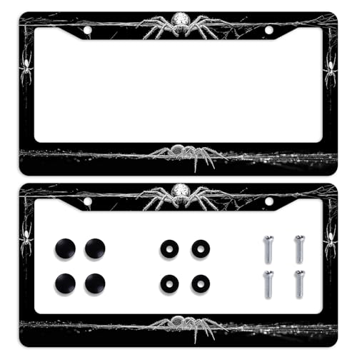 2 Pcs Halloween Car Front License Plate Frame Spider Web Gothic Horror Aesthetic Personalise License Plate Frames Stainless Steel Metal Car Plates Tag Funny Decor Men Women 6 X 12 Inch - color: Halloween, size: 6"L x 12"W(2PC)