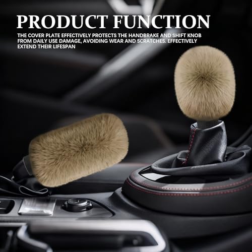 2PCS Plush Car Gear Shift Knob Cover & Handbrake Cover, Shift Knob Protector, Soft Fluffy Gear Handbrake Protective Sleeves, Shifter Lever Brake Handle Warm Plush Set for Cars (Khaki) - color: Khaki