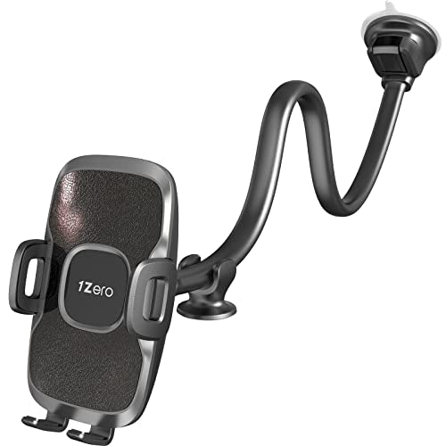 1Zero Solid Car Truck Phone Mount Holder with 14-Inch Gooseneck Long Arm, Windshield Window Mobile Holders w/Industrial-Strength Suction Cup, Anti-Shake Stabilizer Compatible All Cell Phones, Black - color: Faux Leather Surface with Black Ring