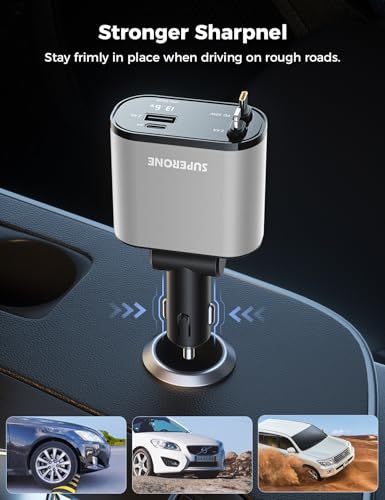 SUPERONE 【Upgraded】 Retractable Car Charger 4 in 1, Fast Car Phone Charger with Cord 2.6ft, USB C and Apple Car Charger Adapter, Compatible with iPhone 17/16/15/15 Pro Max/14/13/12/11, Galaxy, Pixel - color: Silver
