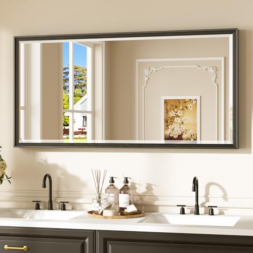 Keonjinn 48" x 24" Black Bathroom Mirrors for Over Sink, Aluminum Alloy Wide Frame, Tempered Glass with Beveled Edge, Shatterproof, Black Decorative Full Length Mirror for Wall(Vertical/Horizontal) - color: Black, size: 24"L x 48"W