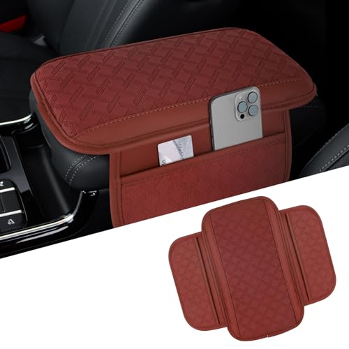 Car Center Console Cover, 12"×7.87" Leather Arm Rest Cover for Car, Comfortable Armrest Seat Box Cushion with Pocket, Armrest Cover Protector Universal Car Interior Accessories (Wine Red) - color: Wine Red