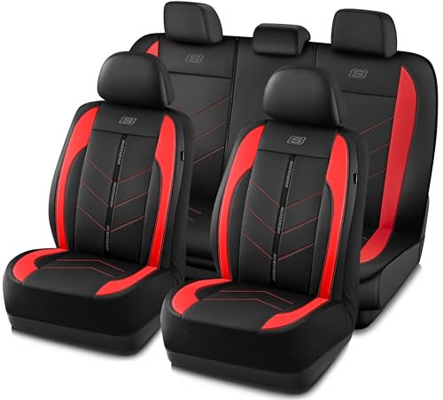Skechers Car Seat Covers,Luxury Faux Leather Seat Covers,Waterproof Anti Slip Car Seat ProtectorFull Set,Car Accessories Airbag Universal Fit for Most Cars,Vans,Trucks,SUV,Red - color: Black and Red, size: Full Set