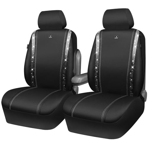 CAR PASS Oxford Bling Diamond Car Seat Cover 2 Front Interior Sets, Waterproof Universal Shining Glitter Sparkly Crystal Fit Armrest 95% Automotive Truck SUV Cute Women Girl, Black Silver Rhinestone - color: Silver Oxford, size: Two Front Seats