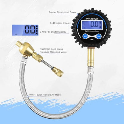 4X4 Rapid Air Down Tire Deflator with Digital Gauge (0-100PSI) ， 2.5" Easy Read Glow Dial & Solid Brass Hardware-Automatic Tire Air Down Tool for Jeep, Truck or ATV