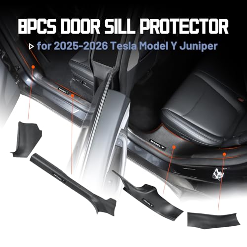Carbon Fiber Door Sill Protector for Tesla Model Y Juniper 2025-2026 - Front & Rear Entry Guard Scuff Plate Set, 8PCS All-Weather ABS Interior Accessories