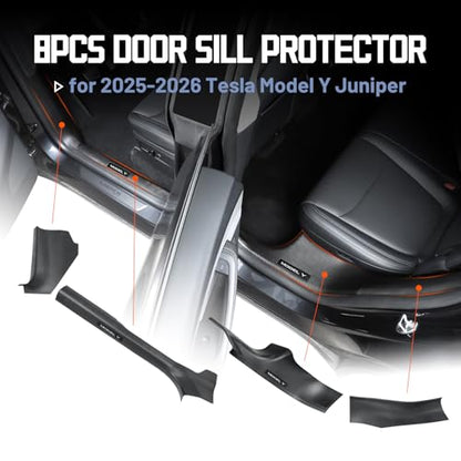 Carbon Fiber Door Sill Protector for Tesla Model Y Juniper 2025-2026 - Front & Rear Entry Guard Scuff Plate Set, 8PCS All-Weather ABS Interior Accessories