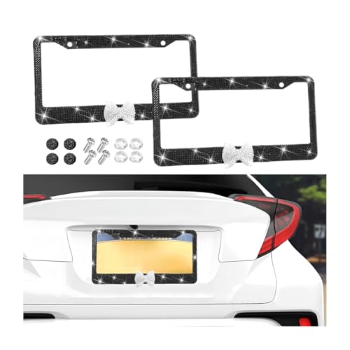 Bling Car License Plate Frame for Women, 2PCS Crystal Rhinestone Stainless Steel Vehicle Plate Holder, Glitter Diamond Sparkly Auto Plate Cover Accessories, Universal Fit (Black/White Bow) - color: Black/White Bow