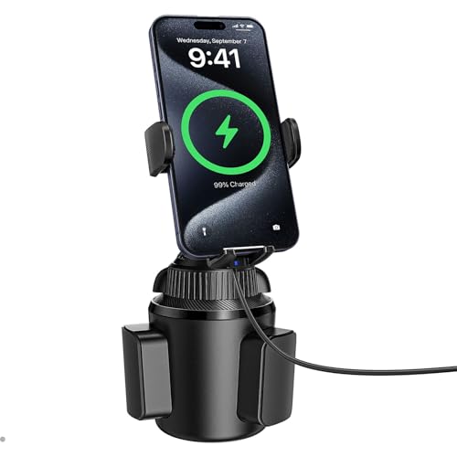 APPS2Car 15W Qi Wireless Car Charger Solid Cup Holder Mount, Adjustable Long Arm & 360° Rotation, Fits 3"–4" Round Cup Holders, Works with Cases ≤ 4 mm (No Metal Attachments) - color: Upgraded Wireless Charger
