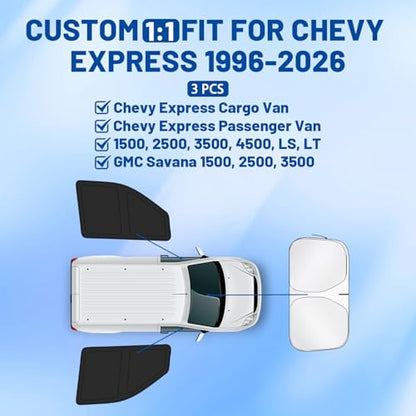 for Chevy Express 1996-2026 Front Windshield & Side Window Covers, Foldable 3-Piece Window Shades Set, Custom Fit Sunshade Visor for UV Rays & Heat Block, Cargo Van Accessories - size: Fit for Chevy Express 1996-2026