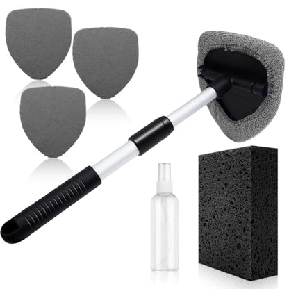Windshield Cleaner Tool 22.5" L - Car Interior&Exterior Window Cleaning Kit with Extendable Handle&4 Microfiber Pads and Thick Large Wash Sponge, Auto Glass Wiper Brush Kit for Cars Home (7pcs Grey) - color: Grey