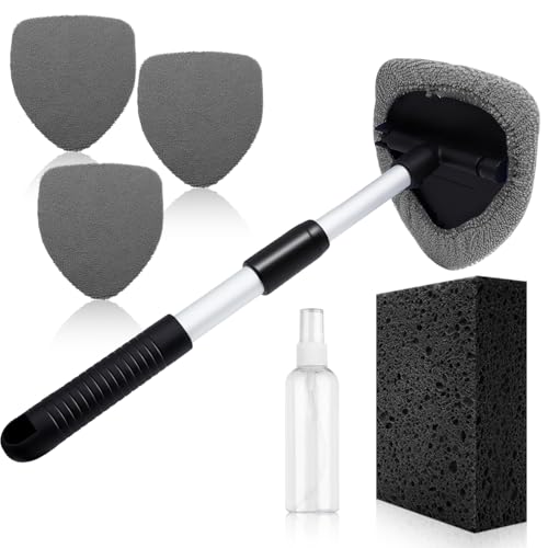 Windshield Cleaner Tool 22.5" L - Car Interior&Exterior Window Cleaning Kit with Extendable Handle&4 Microfiber Pads and Thick Large Wash Sponge, Auto Glass Wiper Brush Kit for Cars Home (7pcs Grey) - color: Grey