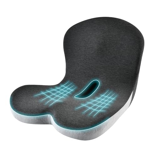 KAYI Memory Foam Seat Cushion with Lumbar Support Pillow One Piece, L-Shaped Ergonomic Design for Back Pain Relief, for Car, Truck and Office Chair (Black+Grey)