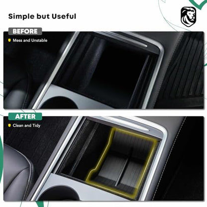 YHTAUTO Center Console Organizer Tray Fit for Tesla Model 3 2021-2023 Model Y 2021-2024, TPE Center Control Console Lower Bottom Storage Box with Non-slip Armrest - Black - color: Center Console Lower Bottom