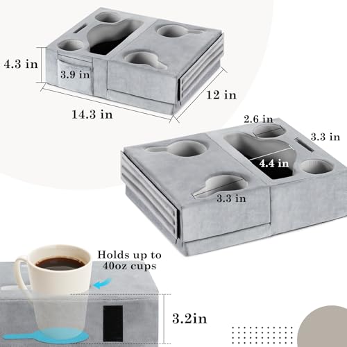 Luxspire Couch Cup Holder, Couch Caddy with 8 Holes and Side Pocket, Couch Cup Holder Tray for iPad/Drinks/Remote Control/Snacks Holder, Gray - color: Larger Gray
