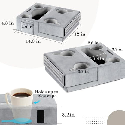 Luxspire Couch Cup Holder, Couch Caddy with 8 Holes and Side Pocket, Couch Cup Holder Tray for iPad/Drinks/Remote Control/Snacks Holder, Gray - color: Larger Gray