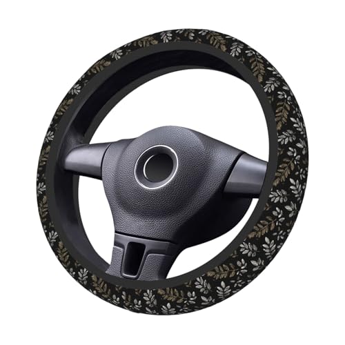 Steering Wheel Cover Boho Black Leaf Pattern Elastic Neoprene, Anti-Slip Universal Fit 14.5-15 Inch, Car Accessories Interior Decoration Wheel Protector for Cars, SUVs, Trucks - color: A090