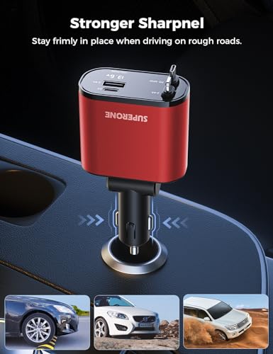 SUPERONE 【Upgraded】 Retractable Car Charger 4 in 1, Fast Car Phone Charger with Cord 2.6ft, USB C and Apple Car Charger Adapter, Compatible with iPhone 17/16/15/15 Pro Max/14/13/12/11, Galaxy, Pixel - color: Red