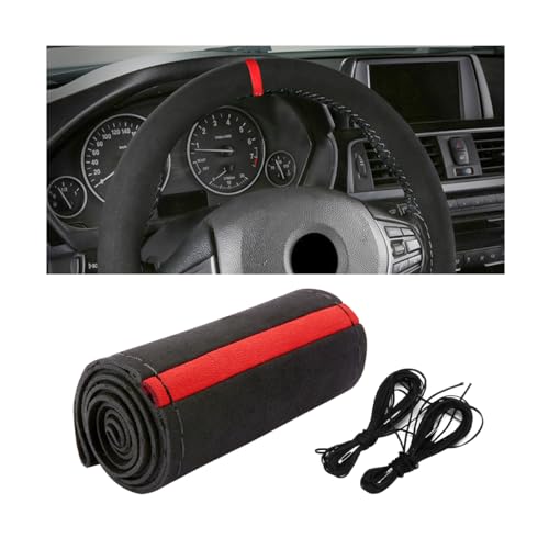 Car Steering Wheel Cover, Stitch On Full Surround Soft Suede Steering Wheel Wrap Guard with Needle & Thread, Comfortable Grip Auto Interior Accessories, Universal for Vehicle (Black/Red) - color: Black/Red