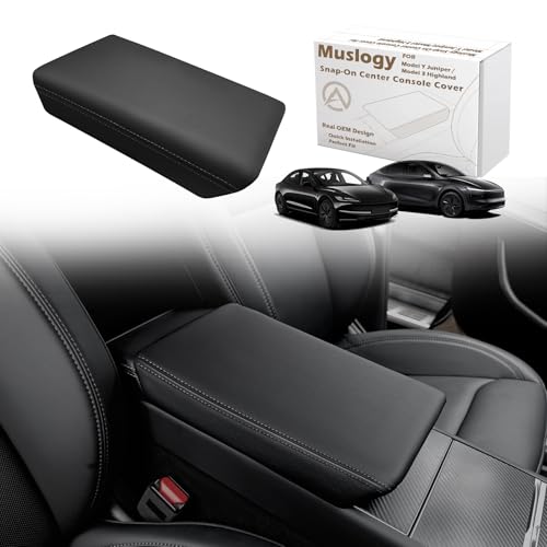 Muslogy Center Console Armrest Cover Fit for Tesla Model Y Juniper 2026+ / Model 3 Highland 2024+ Accessories, Comfort Armrest Pad Console Lid Cushion Vegan Leather Snap-On Black (Hard Cover) - size: 25+ |Juniper| Snap-On Black, Hard Cover