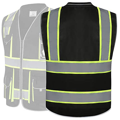 JKSafety 10 Pockets Hi-Vis Zipper Front Black Safety Vest | Cushioned Collar | High Reflective Tapes with Extended Neon Yellow Strips | Meets ANSI/ISEA Standards (Large, 89-Black) - color: Blackt1s1, size: Large