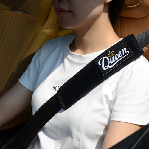 2 Pack Soft Seat Belt Cover Pad with Embroidered Fabric Sticker (Queen) - Comfortable Seatbelt Covers for All Cars and All Ages - Seat Belt Extender Shoulder Pad - Seatbelt Cushion for Backpack - size: Queen