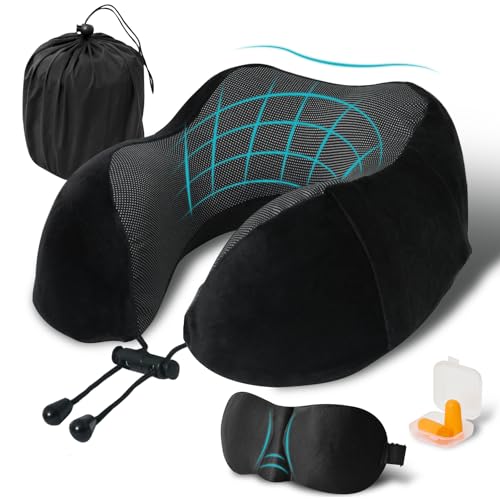Travel Pillow, Memory Foam Neck Pillow for Traveling, U Shape Neck Pillow Airplane Portable Flight Pillow Travel Kit with 3D Contoured Eye Masks and Earplug for Plane Train Car Home Office - Black - color: Black