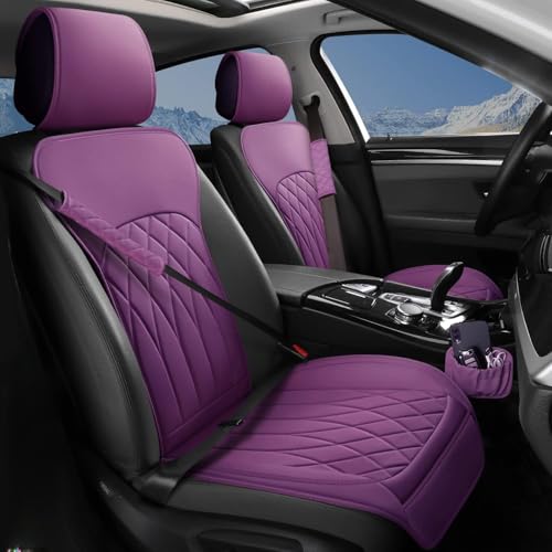 BEITK 2 Pack Leather Front Car Seat Covers, Universal Sideless Car Seat Protectors with Storage Pocket and Seat Belt Pads, Waterproof Automotive Seat Cover for Cars Trucks SUV(Purple) - color: front pair purple