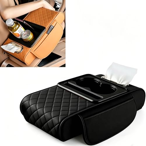 Multifunctional Car Armrest Cover with Cup Holder, Universal Fit Center Console Cover, High Resilience Foam, Tissue, Phone Stand and Multi Pocket Organizer (Black) - color: Black