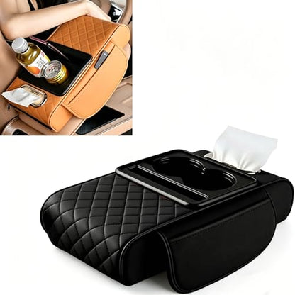 Multifunctional Car Armrest Cover with Cup Holder, Universal Fit Center Console Cover, High Resilience Foam, Tissue, Phone Stand and Multi Pocket Organizer (Black) - color: Black