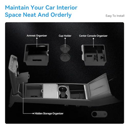Center Console Organizer Tray for Tesla Model Y Juniper 2025-2026 & Model 3 Highland 2024-2026 - Tesla Accessories Storage Double Layer Tray Silicone Non-Slip Surface, Cup Holder & Camera Cover