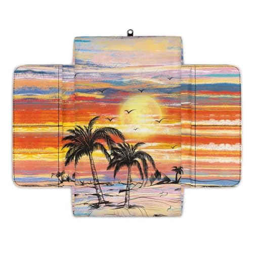 Coconut Tree Console Cover for Most Vehicles Armrest Cover Sunset Print 300D Polyester Fabric Arm Rest Pad with Pockets Middle Console Lid for Most Car Center Consoles - color: Coconut Tree Sunset
