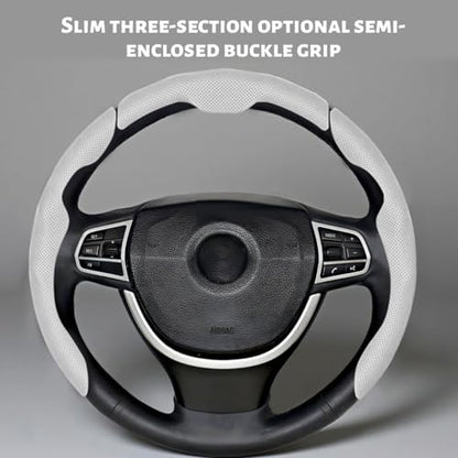 Car Steering Wheel Cover, Nappa Leather 15 Inch Snap-On 3PCS Set Vehicle Steer Wheel Wrap Protector, Non-Slip Automotive Interior Protection Accessories, Universal Fit (White) - color: White