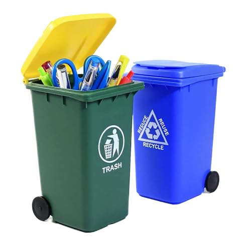 Wiosi Mini Garbage Trash Pen Holder for Desk | Tiny Recycle Bin Pencil Holder Green & Blue, Pack of 2 | Storage for Pencil & Pen | Office Stationery to Organize the Desk | Ideal for Student Work - color: Blue-Green, size: 5.5"