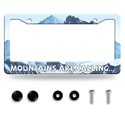 Mountains are Calling License Plate Frame Snow Mountain License Plate Stainless Steel Auto Parts Colorful License Plate Decorative with Screws Size 12.3" x 6.3" - color: Mountains are calling