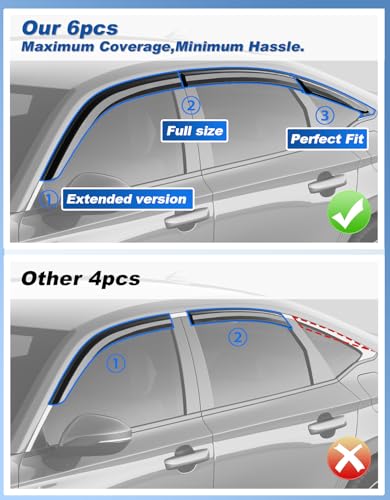 6-PCS Extra-Thick Rain Guards Fit for Honda Civic Sedan 2022-2026 Extra Durable Tape-on Window Rain Guard Window Deflectors Vent Shades Window Visor Vent Visors Exterior - size: Fit for 2022-2026 Honda Civic Sedan